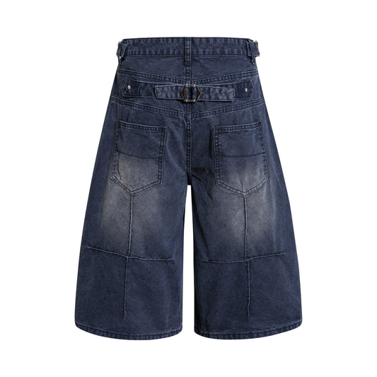 復古排釦水洗寬版七分褲