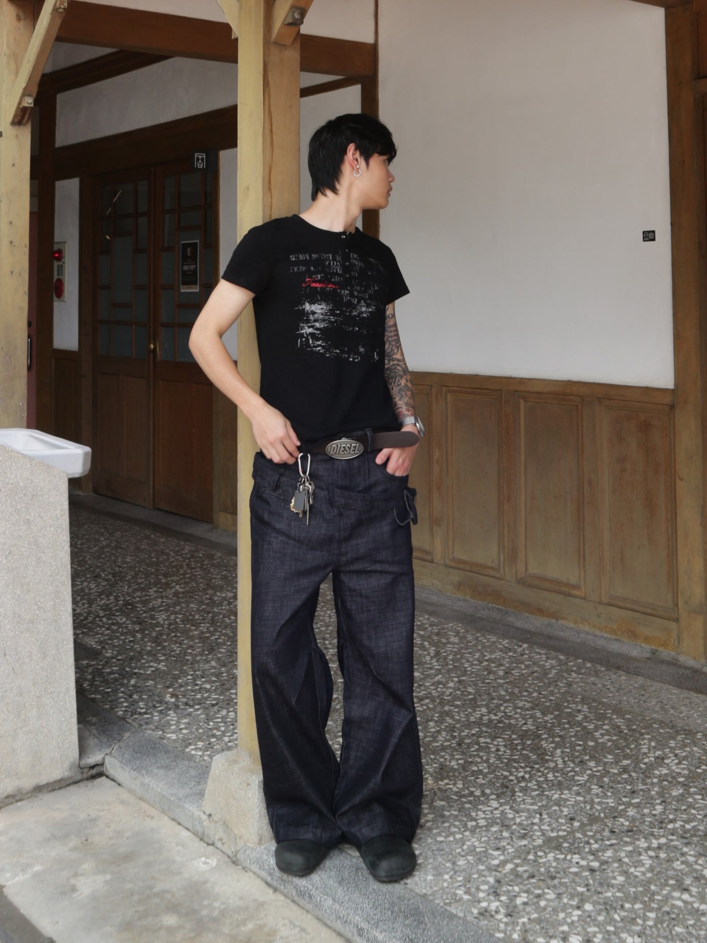 解構雙腰頭劍道斜拉丹寧牛仔直筒褲