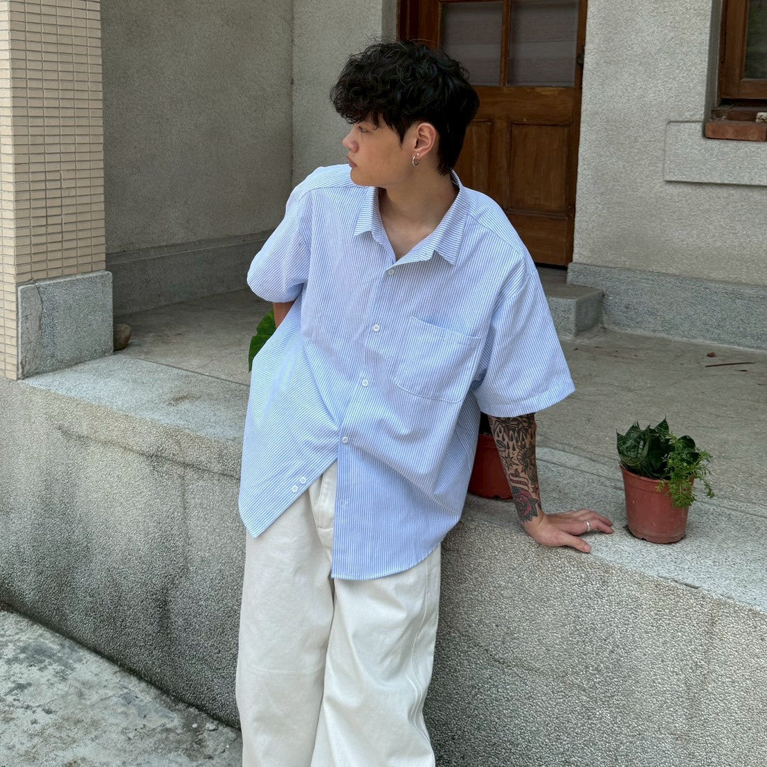 日系復古直條紋寬版短襯衫