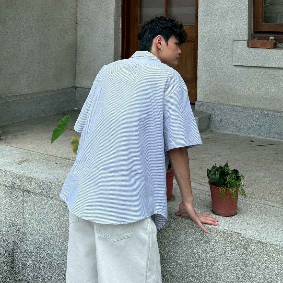 日系復古直條紋寬版短襯衫
